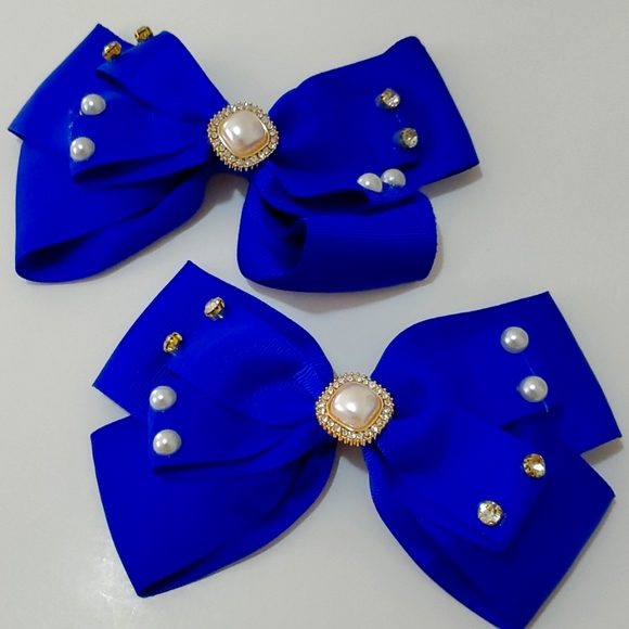 New Girl Hair Bows with Pearl & Rhinestone in Royal Blue - Picture 1 of 4